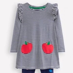 Mini Boden Striped Dress with Red Apple Pockets 7-8 years